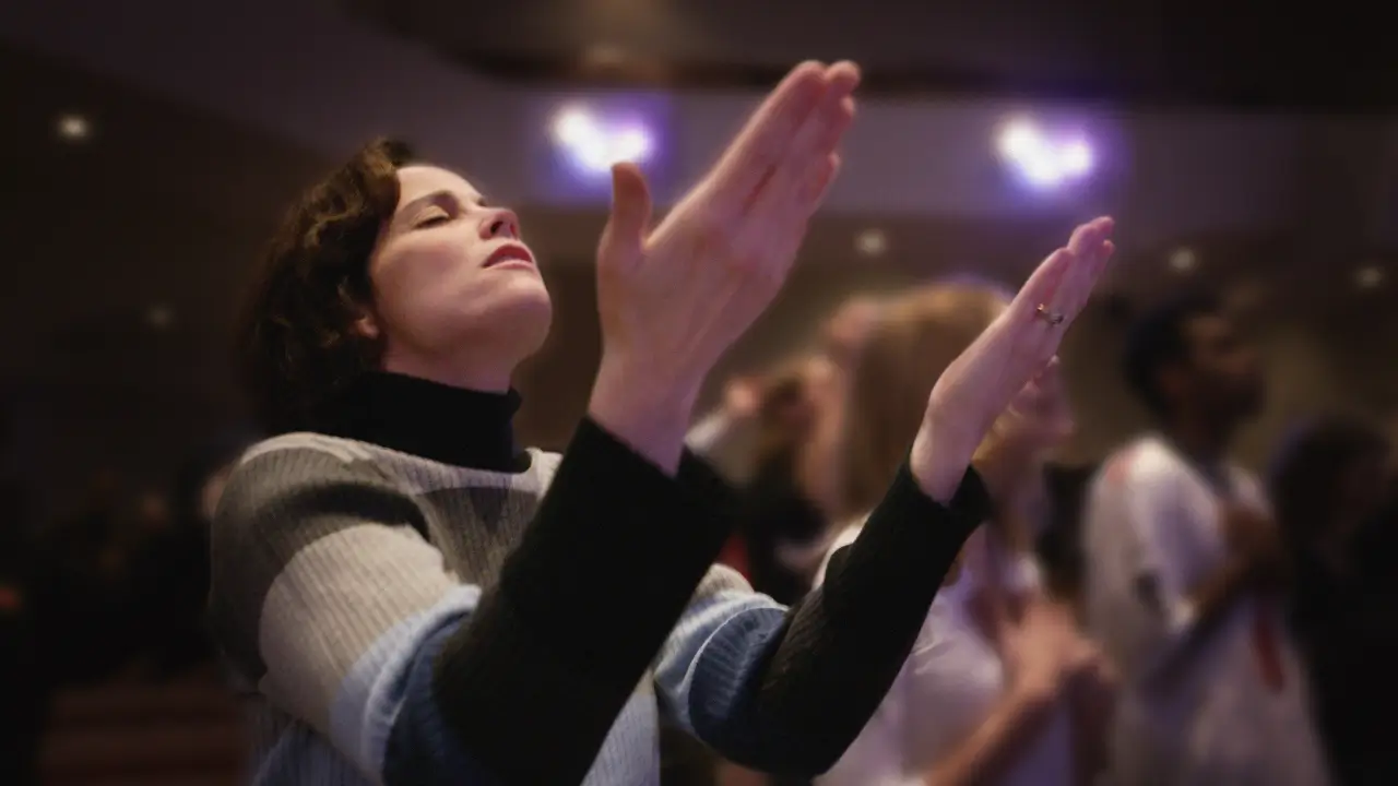 Pessoa ouvindo playlist devocional em culto, ideal para 2025.
