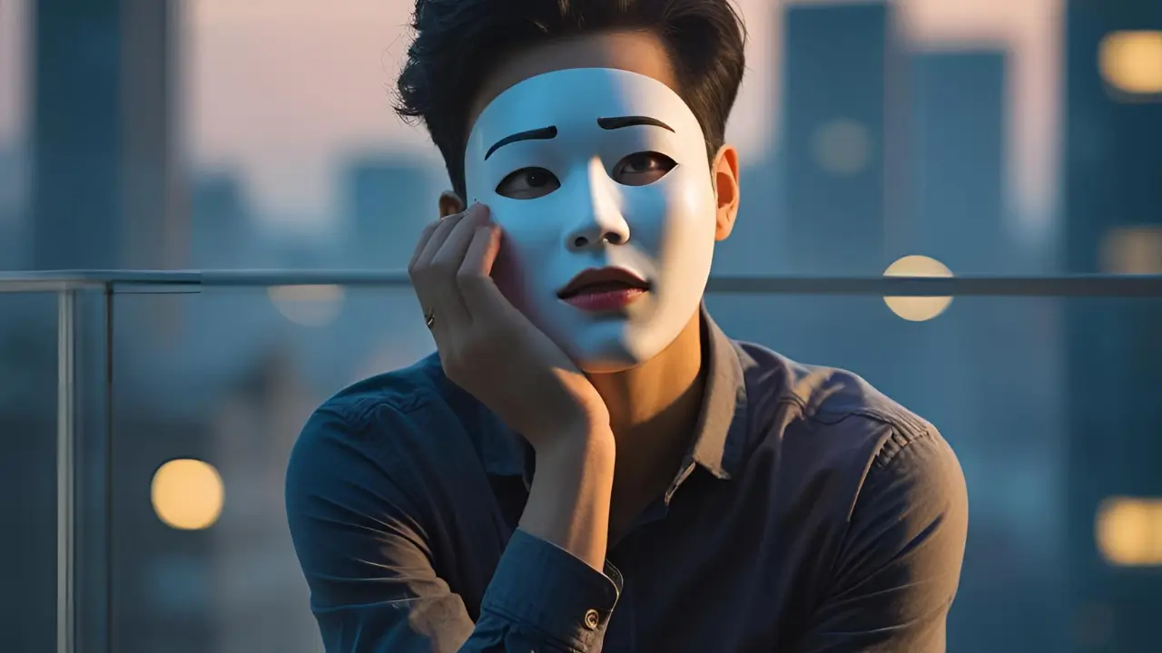 Pessoa com uma máscara no rosto, enquanto sua expressão verdadeira é de questionamento