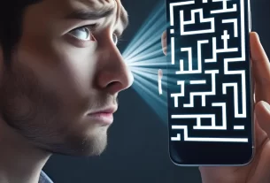 Pessoa olhando para a tela do celular com uma expressão confusa, enquanto um labirinto se projeta da tela, simbolizando a armadilha do autodiagnóstico