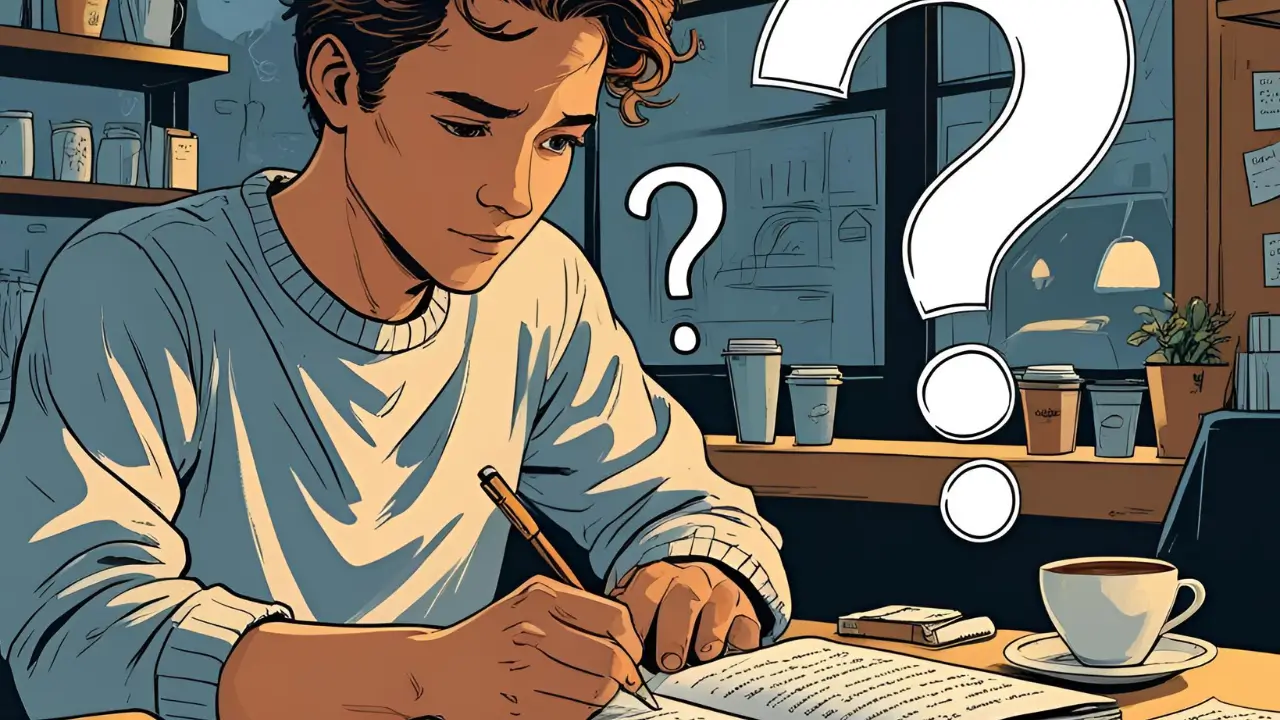 Pessoa escrevendo em um diário com um ponto de interrogação grande ao lado, simbolizando a troca de certezas por perguntas