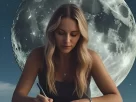 Mulher escrevendo diário lunar observando as fases da lua para autoconhecimento