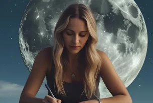 Mulher escrevendo diário lunar observando as fases da lua para autoconhecimento