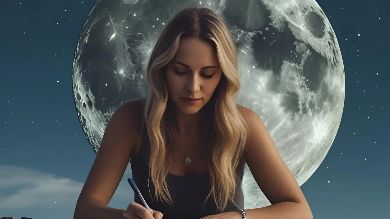 Mulher escrevendo diário lunar observando as fases da lua para autoconhecimento