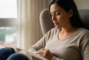 Mulher em oração, refletindo sobre decisões difíceis, com uma Bíblia aberta.