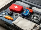 Close-up de uma mala de viagem aberta mostrando os itens que viajantes esquecem, como um adaptador universal usb e um kit de primeiros socorros.