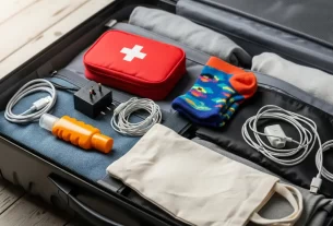 Close-up de uma mala de viagem aberta mostrando os itens que viajantes esquecem, como um adaptador universal usb e um kit de primeiros socorros.