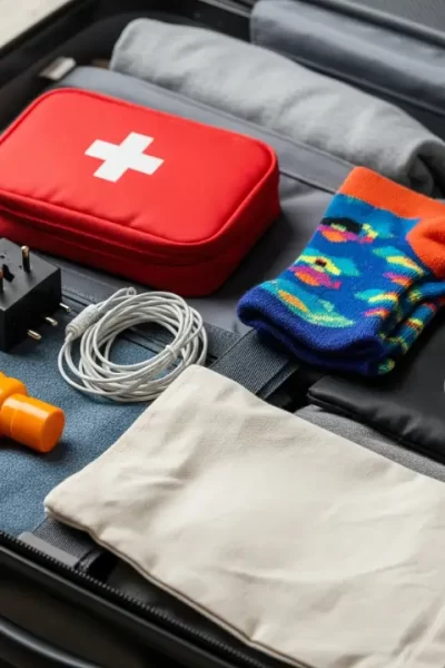 Close-up de uma mala de viagem aberta mostrando os itens que viajantes esquecem, como um adaptador universal usb e um kit de primeiros socorros.