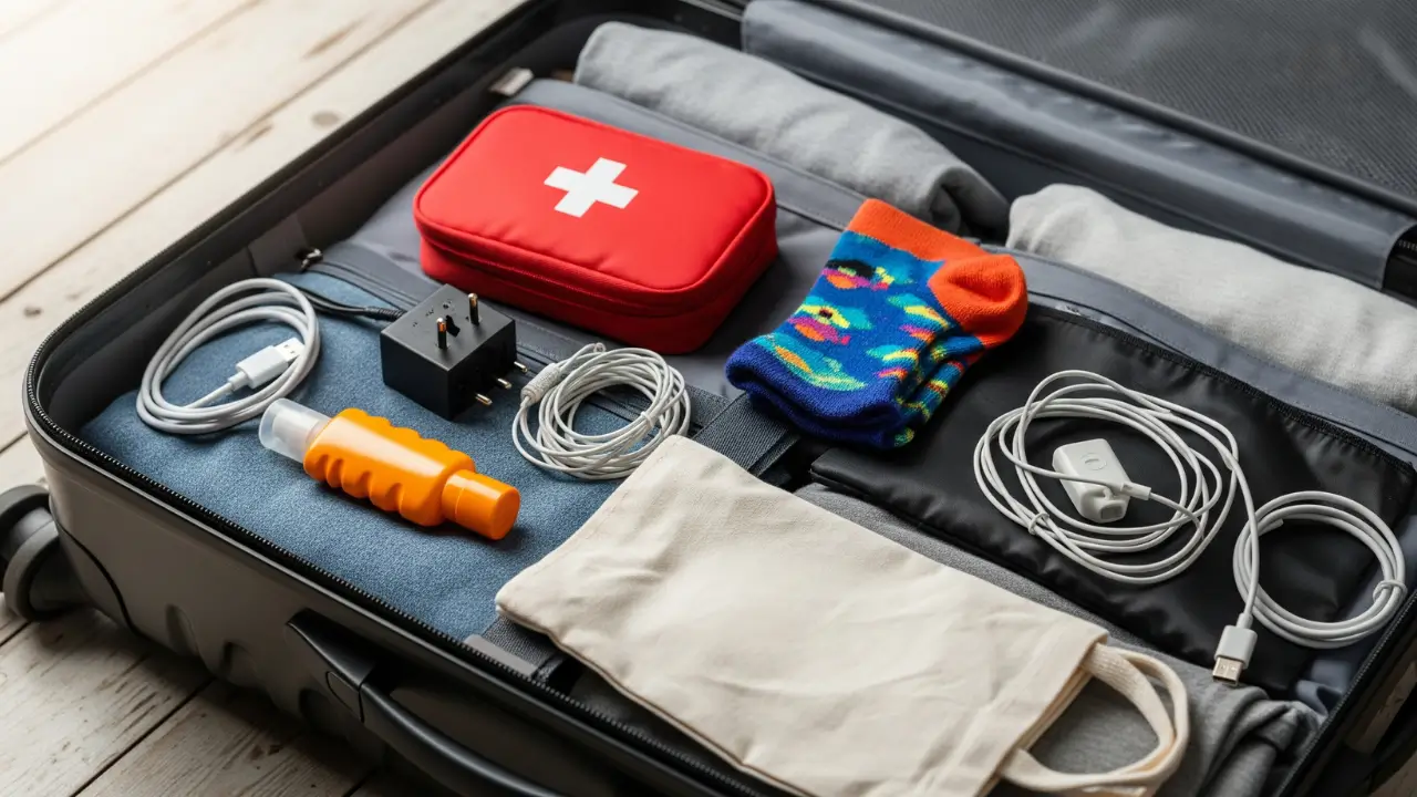 Close-up de uma mala de viagem aberta mostrando os itens que viajantes esquecem, como um adaptador universal usb e um kit de primeiros socorros.