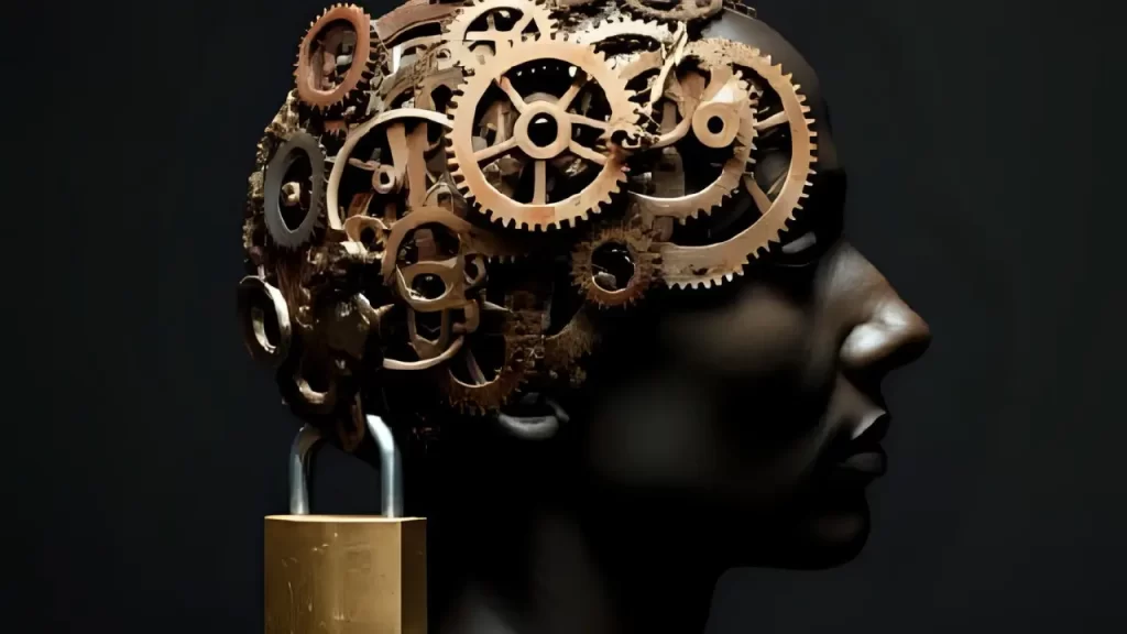 Ilustração de uma cabeça humana com engrenagens e um cadeado, representando a neurociência da autossabotagem bloqueando o potencial.