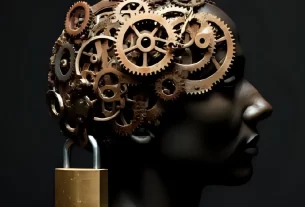 Ilustração de uma cabeça humana com engrenagens e um cadeado, representando a neurociência da autossabotagem bloqueando o potencial.