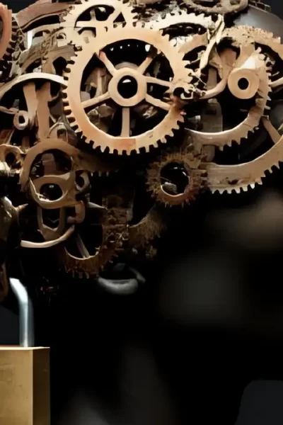 Ilustração de uma cabeça humana com engrenagens e um cadeado, representando a neurociência da autossabotagem bloqueando o potencial.