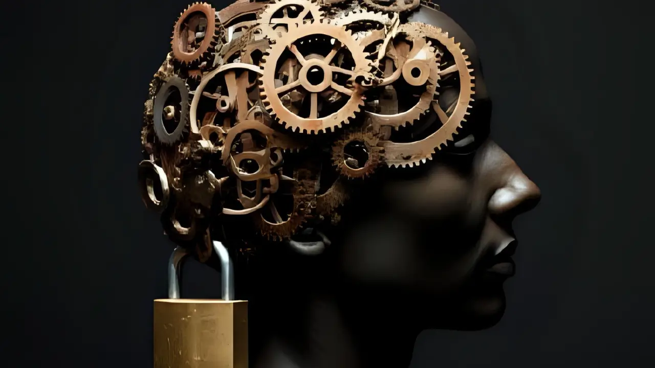 Ilustração de uma cabeça humana com engrenagens e um cadeado, representando a neurociência da autossabotagem bloqueando o potencial.