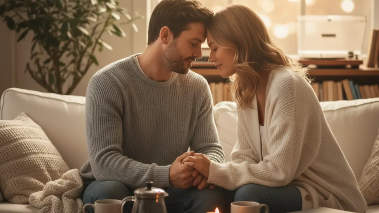 Casal de mãos dadas e olhos fechados, orando juntos. A imagem representa a unidade espiritual, um pilar do ritual dominical para casais.