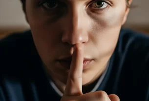 Close-up de uma pessoa com o dedo nos lábios em sinal de silêncio, simbolizando o conceito de Lashon Hara e o poder de guardar a língua.