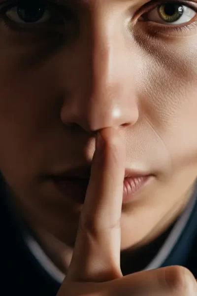 Close-up de uma pessoa com o dedo nos lábios em sinal de silêncio, simbolizando o conceito de Lashon Hara e o poder de guardar a língua.