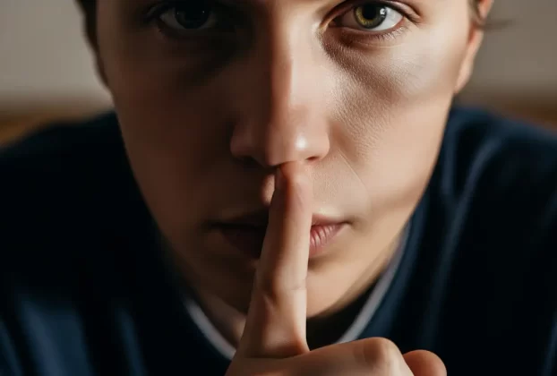 Close-up de uma pessoa com o dedo nos lábios em sinal de silêncio, simbolizando o conceito de Lashon Hara e o poder de guardar a língua.