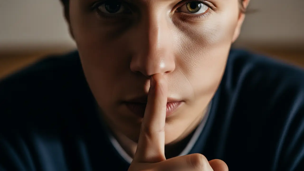 Close-up de uma pessoa com o dedo nos lábios em sinal de silêncio, simbolizando o conceito de Lashon Hara e o poder de guardar a língua.