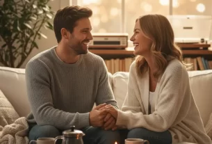 Casal sorrindo, de mãos dadas em um ambiente aconchegante, praticando um ritual dominical para casais e fortalecendo a conexão.