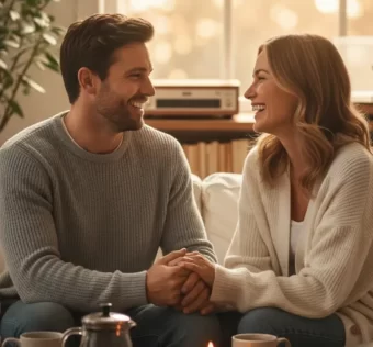 Casal sorrindo, de mãos dadas em um ambiente aconchegante, praticando um ritual dominical para casais e fortalecendo a conexão.