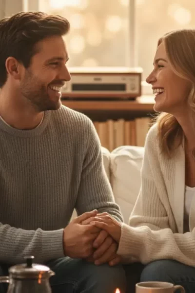 Casal sorrindo, de mãos dadas em um ambiente aconchegante, praticando um ritual dominical para casais e fortalecendo a conexão.