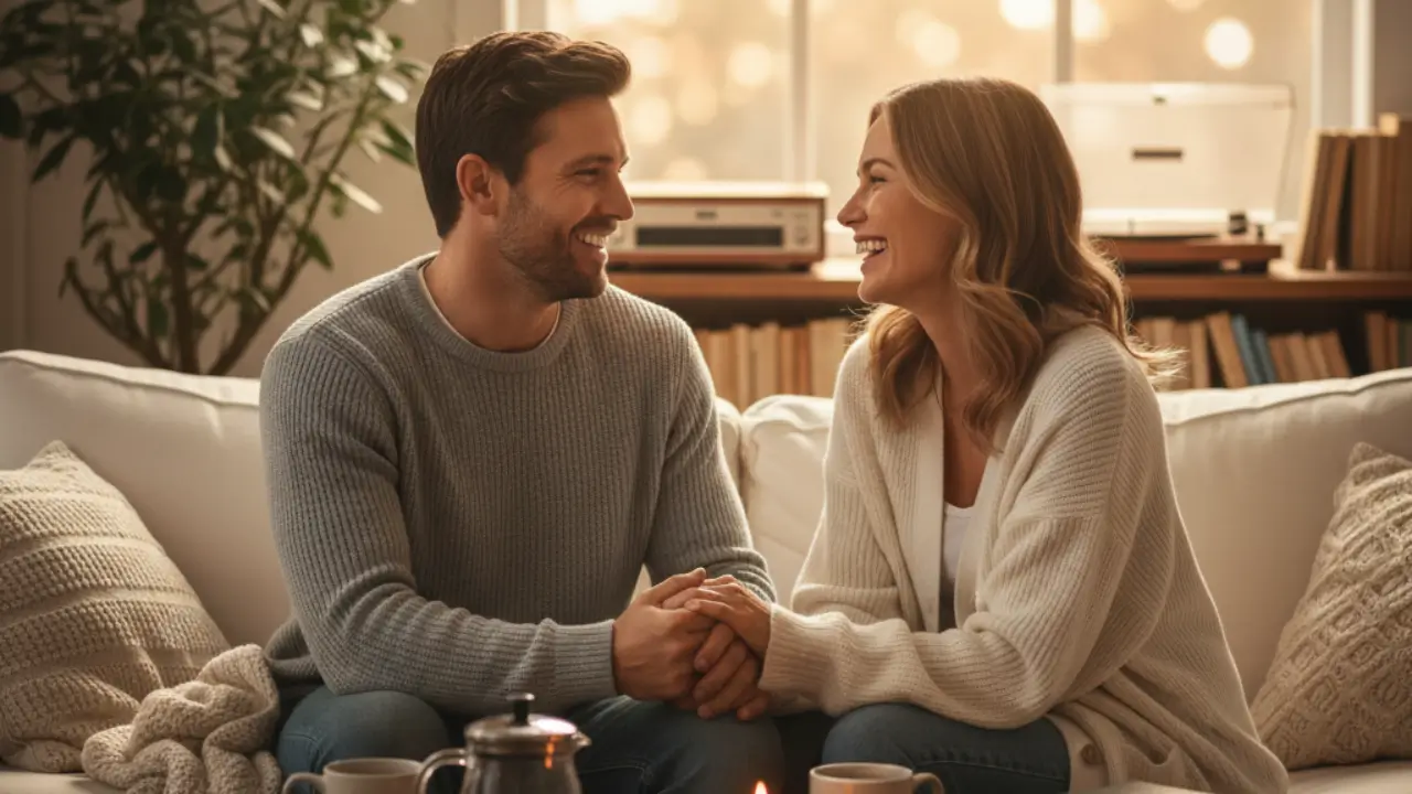 Casal sorrindo, de mãos dadas em um ambiente aconchegante, praticando um ritual dominical para casais e fortalecendo a conexão.